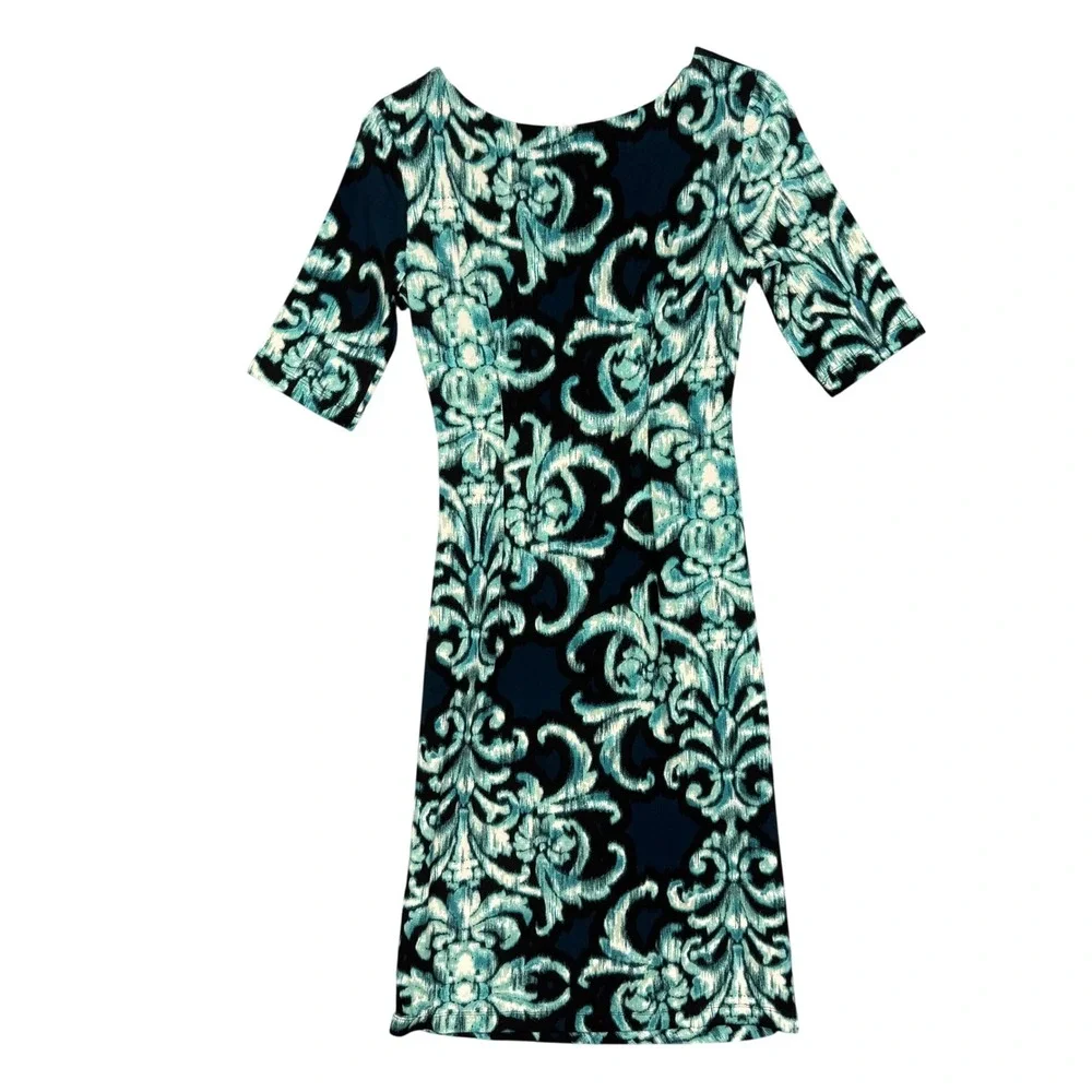 Connected Apparel‎ Sheath Dress Womens 4 Teal Navy Damask Ruched Elbow Sleeve